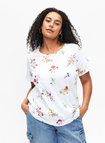 T-shirt i økologisk bomuld med blomsterprint, Bright W. AOP Flower, Model image number 0