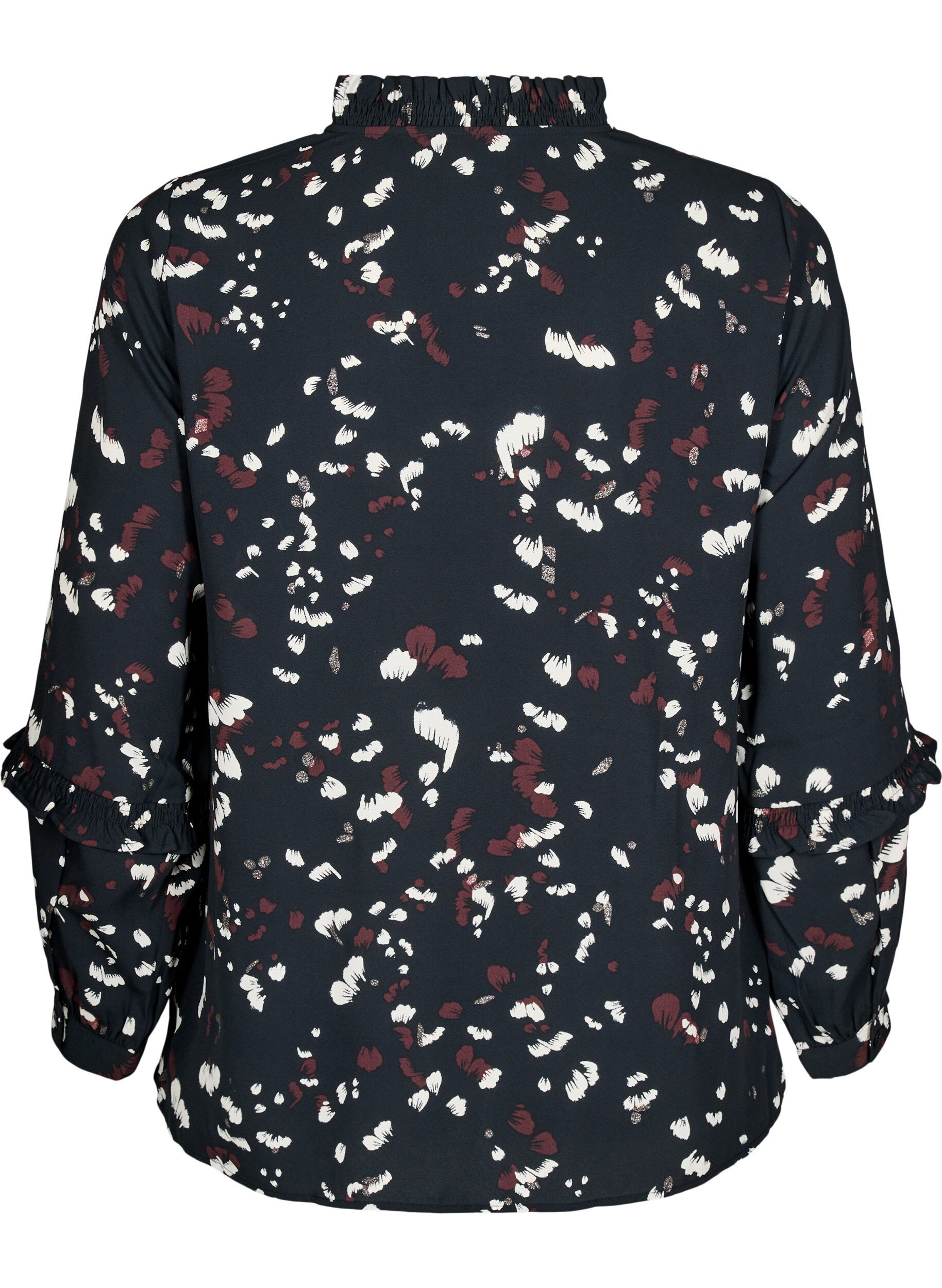 Zizzi Bluse med print og fl&aelig;sedetaljer, Sort, Packshot image number 1