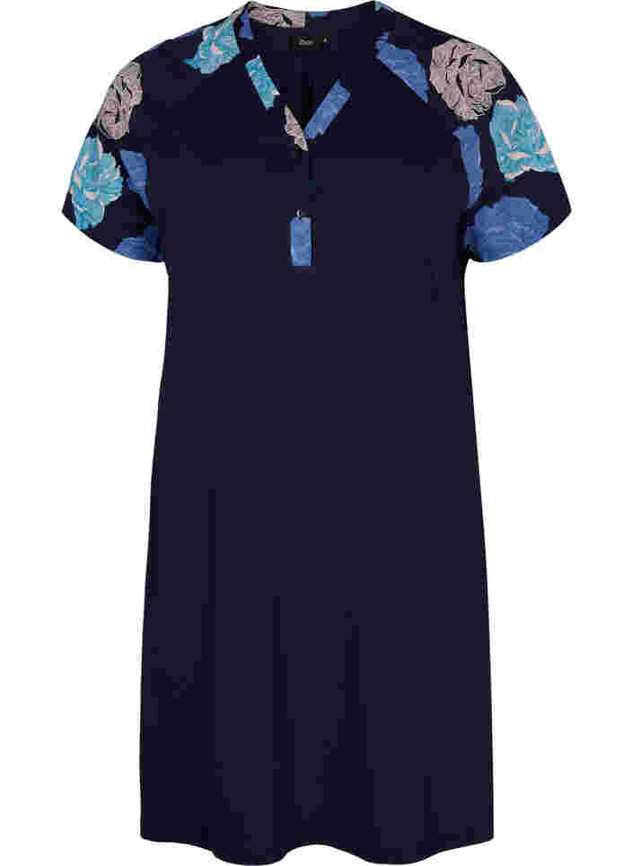 Kortærmet bomulds natkjole med printdetaljer, Blue Flower, Packshot image number 0