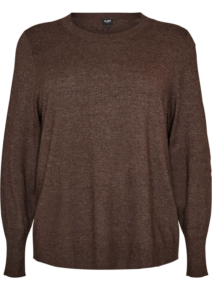 Strikbluse med rund hals, Brun, Packshot image number 0