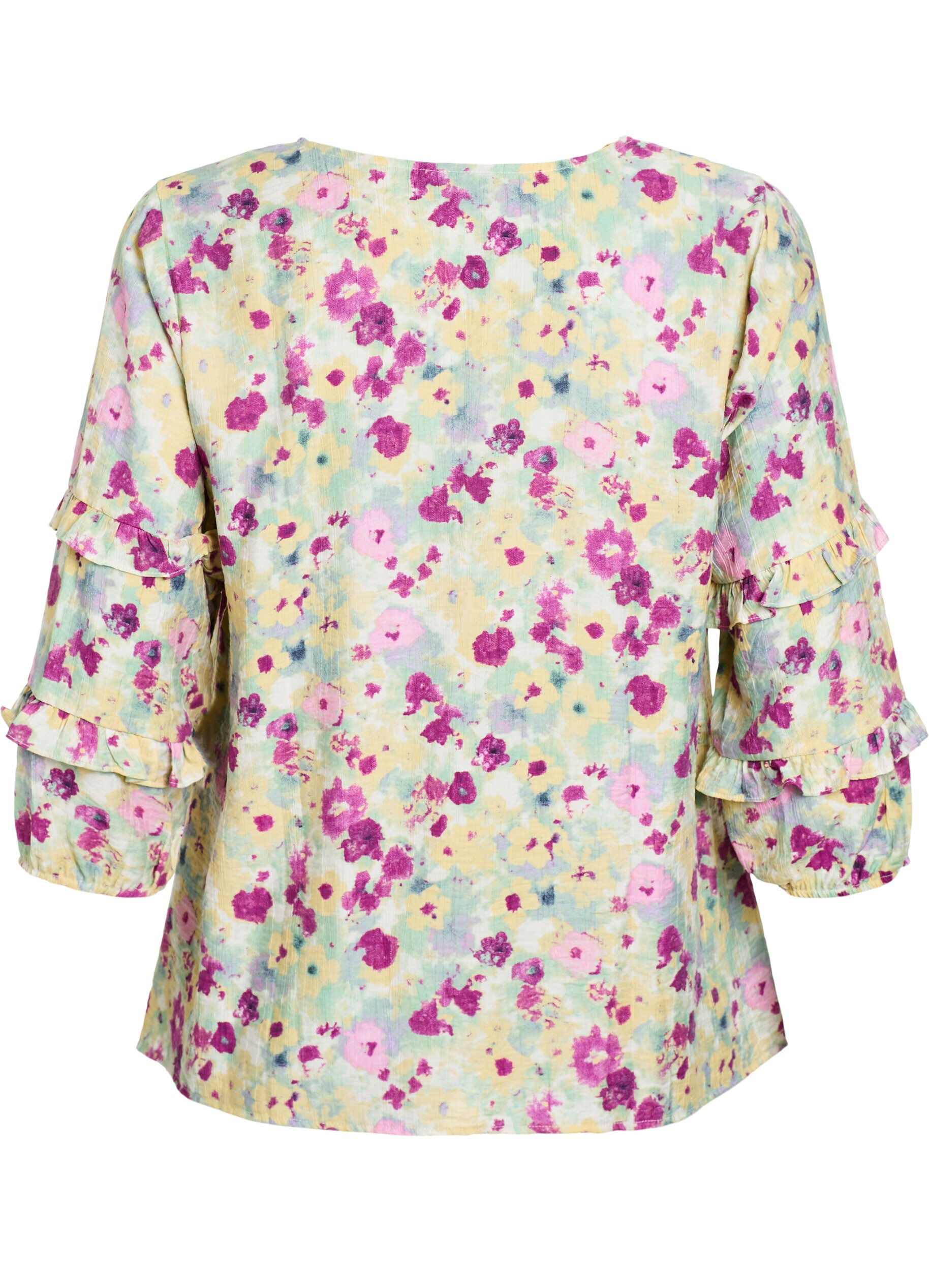 Zizzi Bluse med fl&aelig;sedetaljer og blomsterprint, Vanilla, Packshot image number 1