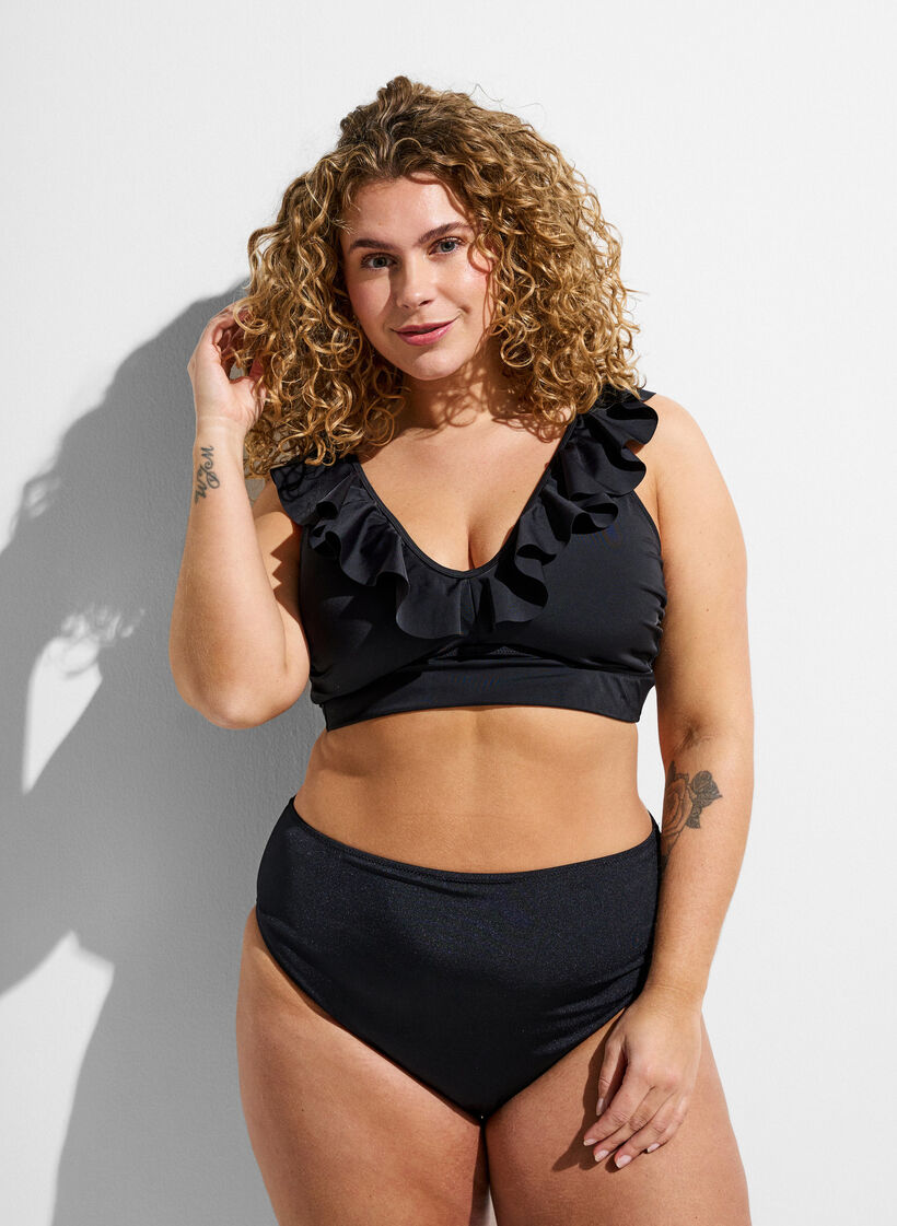 Bikinitop med fl&aelig;sedetaljer, Sort, Model image number 1