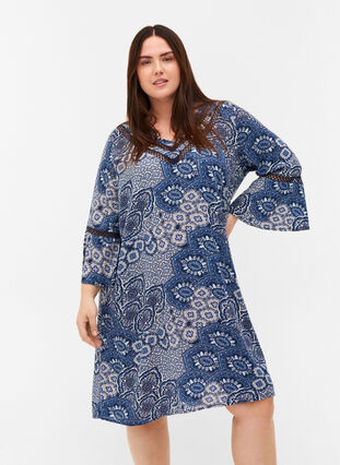 Viskose kjole med 3/4 ærmer og print, Asian Blue print, Model image number 0
