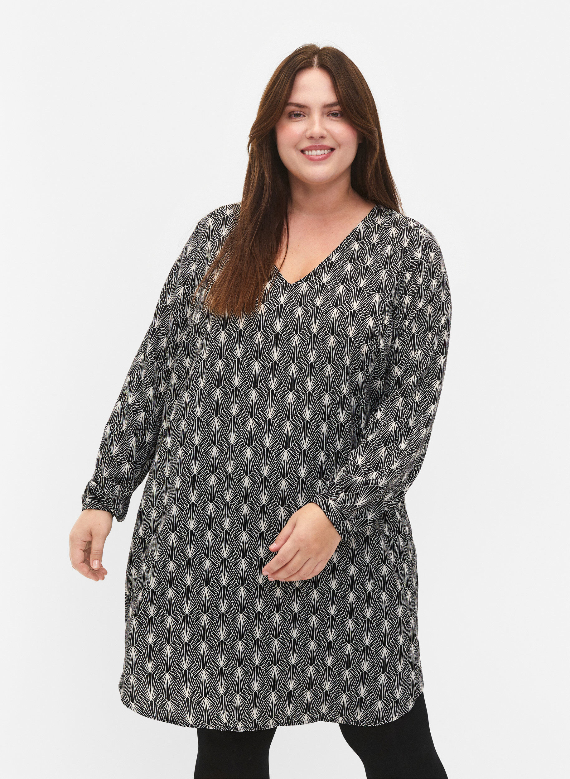 Zizzi V-hals kjole med print, Birch Graphic AOP, Model image number 0