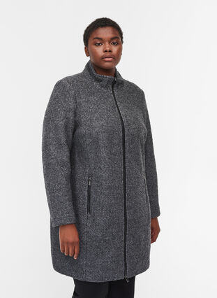 Frakke med uld og lynlås, Dark Grey Melange, Model image number 0