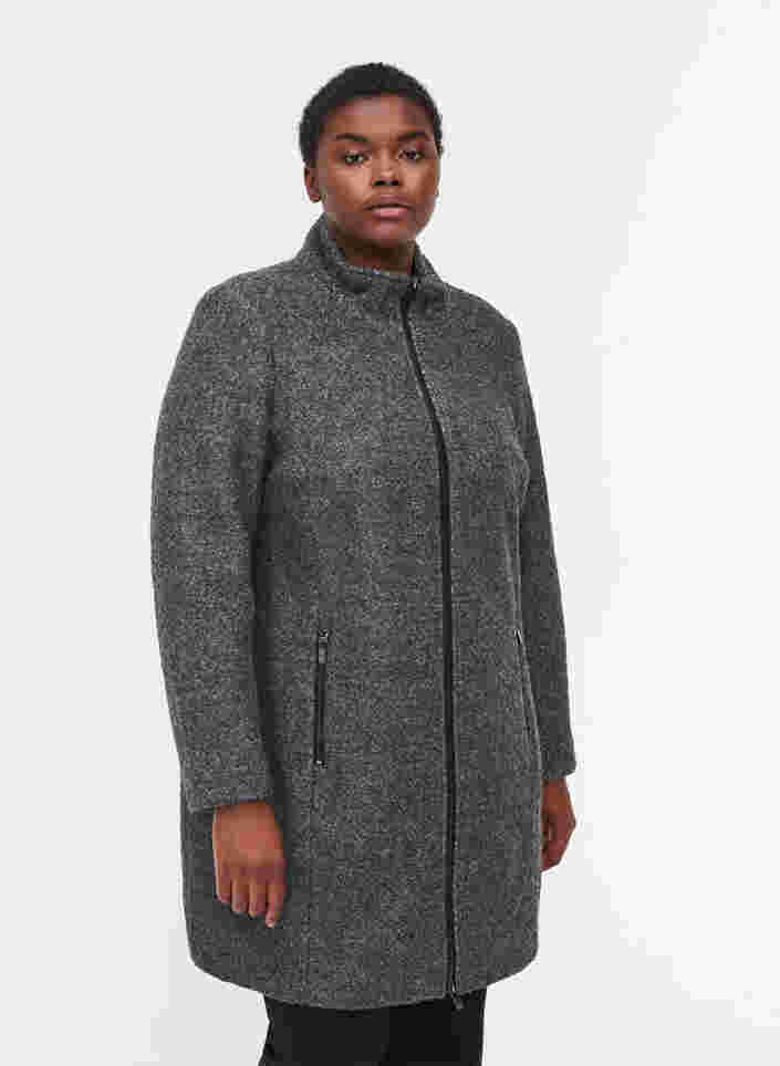 Frakke med uld og lynlås, Dark Grey Melange, Model