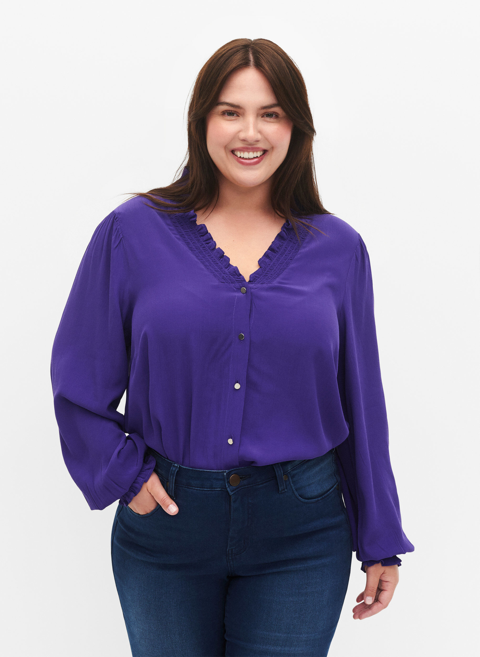 Zizzi Lang&aelig;rmet skjortebluse i viskose, Heliotrope, Model image number 0