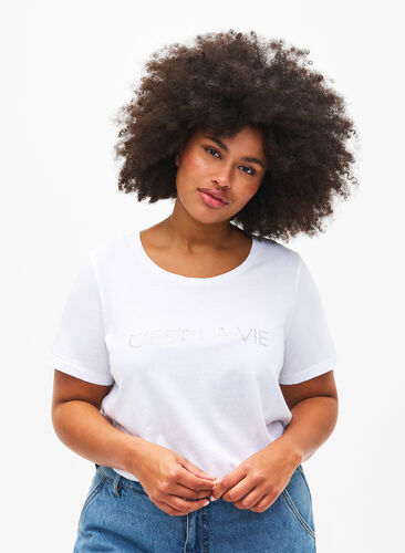 T-shirt med tekst motiv, B.White W.Rhinestone, Model image number 0