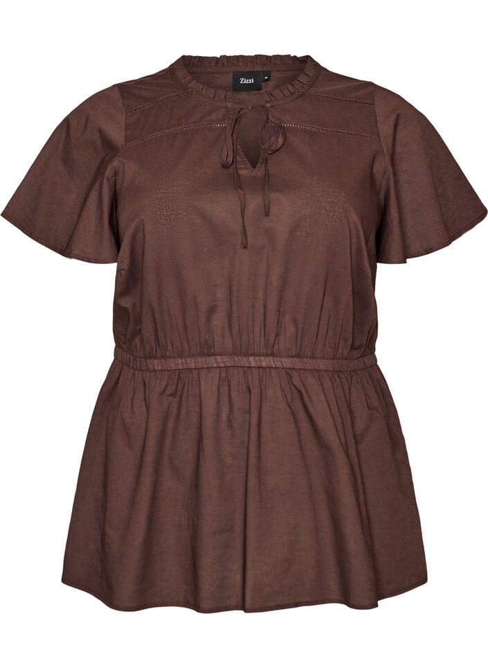 Bluse i bomuld med bindeb&aring;nd og elastisk talje, Brun, Packshot image number 0