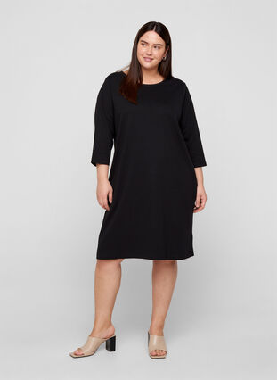Bomulds kjole med 3/4 ærmer og lommer, Black, Model image number 2