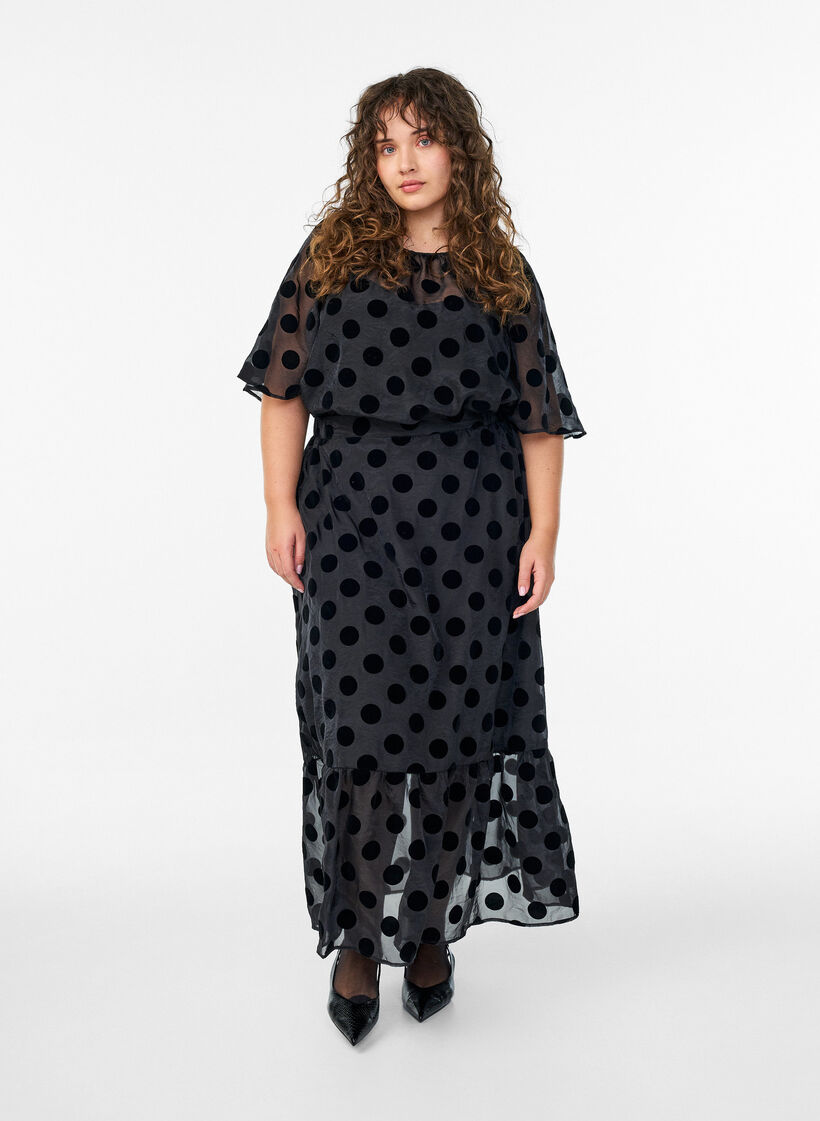 Festbluse i organza-look med velourprikker, Sort, Model image number 1