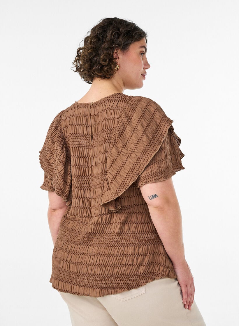 Bluse med smock-struktur og fl&aelig;se&aelig;rmer, Brun, Model image number 2
