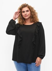 Langærmet bluse med flæser, Black, Model