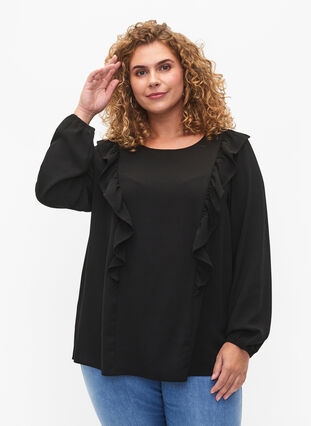 Langærmet bluse med flæser, Black, Model image number 0