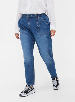Højtaljede jeans med bælte, Blue denim, Model image number 2