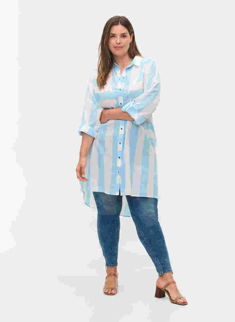 Stribet bomuldsskjorte med 3/4 ærmer, Blue Bell Stripe, Model image number 2