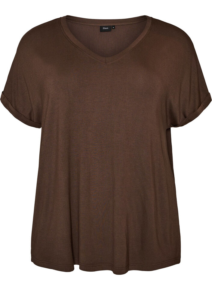 Basis T-shirt i viskose med V-hals, Brun, Packshot image number 0
