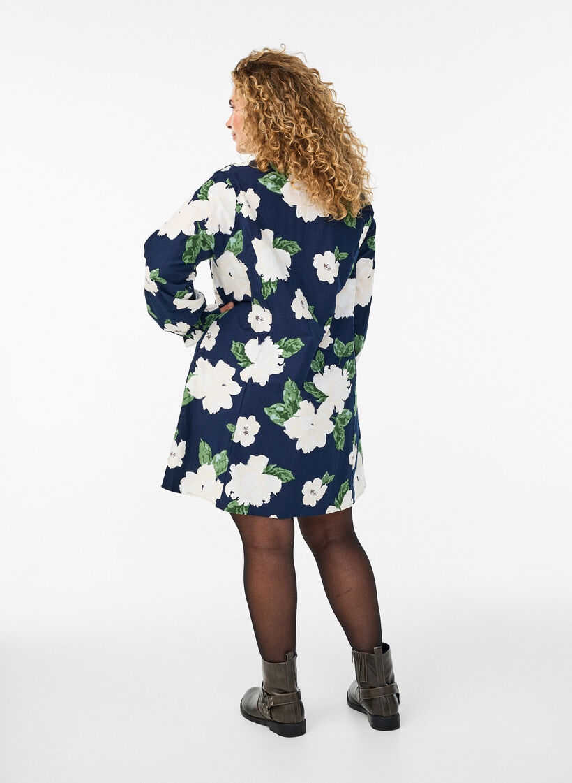 Kort bomuldskjole med V-hals og lange ærmer, Blå, Model image number 2