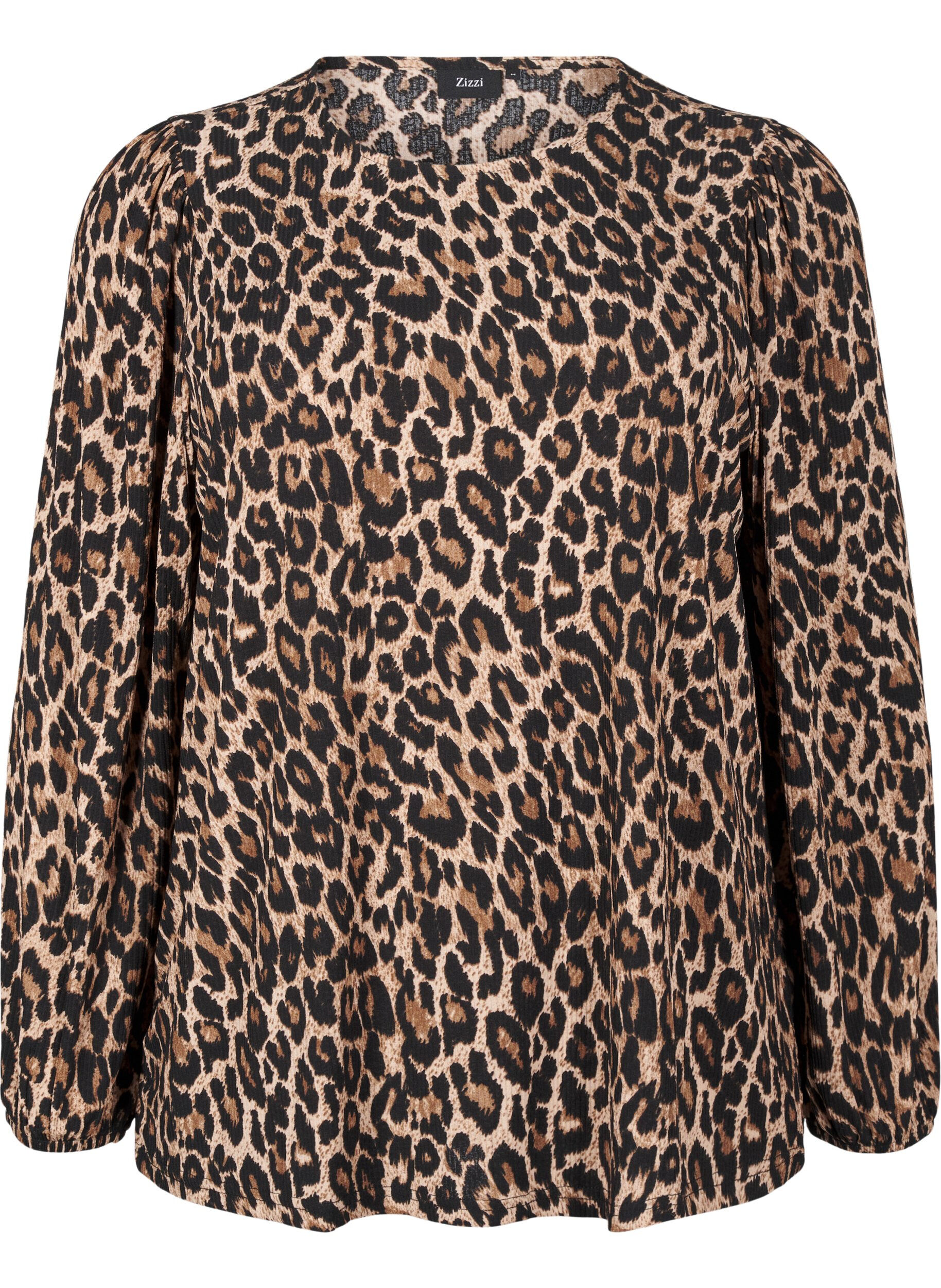 ZizziBluse med lange &aelig;rmer og leoprint, Brun, Packshot image number 0
