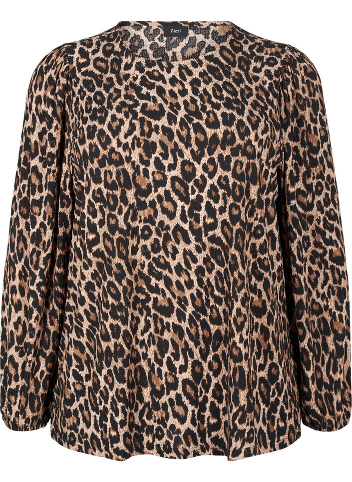 Bluse med lange &aelig;rmer og leoprint, Brun, Packshot image number 0
