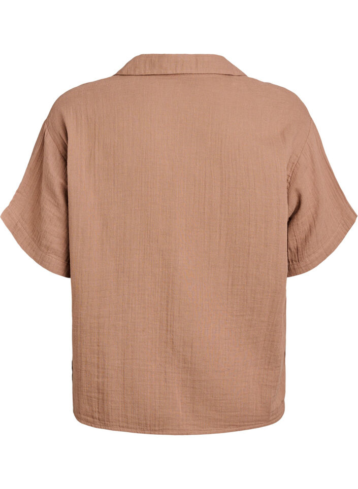 Skjortebluse i bomuldsmusselin med korte &aelig;rmer, Brun, Packshot