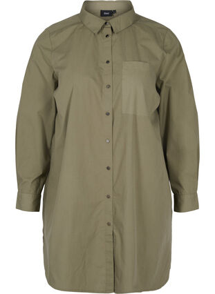 Lang bomuldskjorte med tryk på ryggen, Dusty Olive, Packshot image number 0