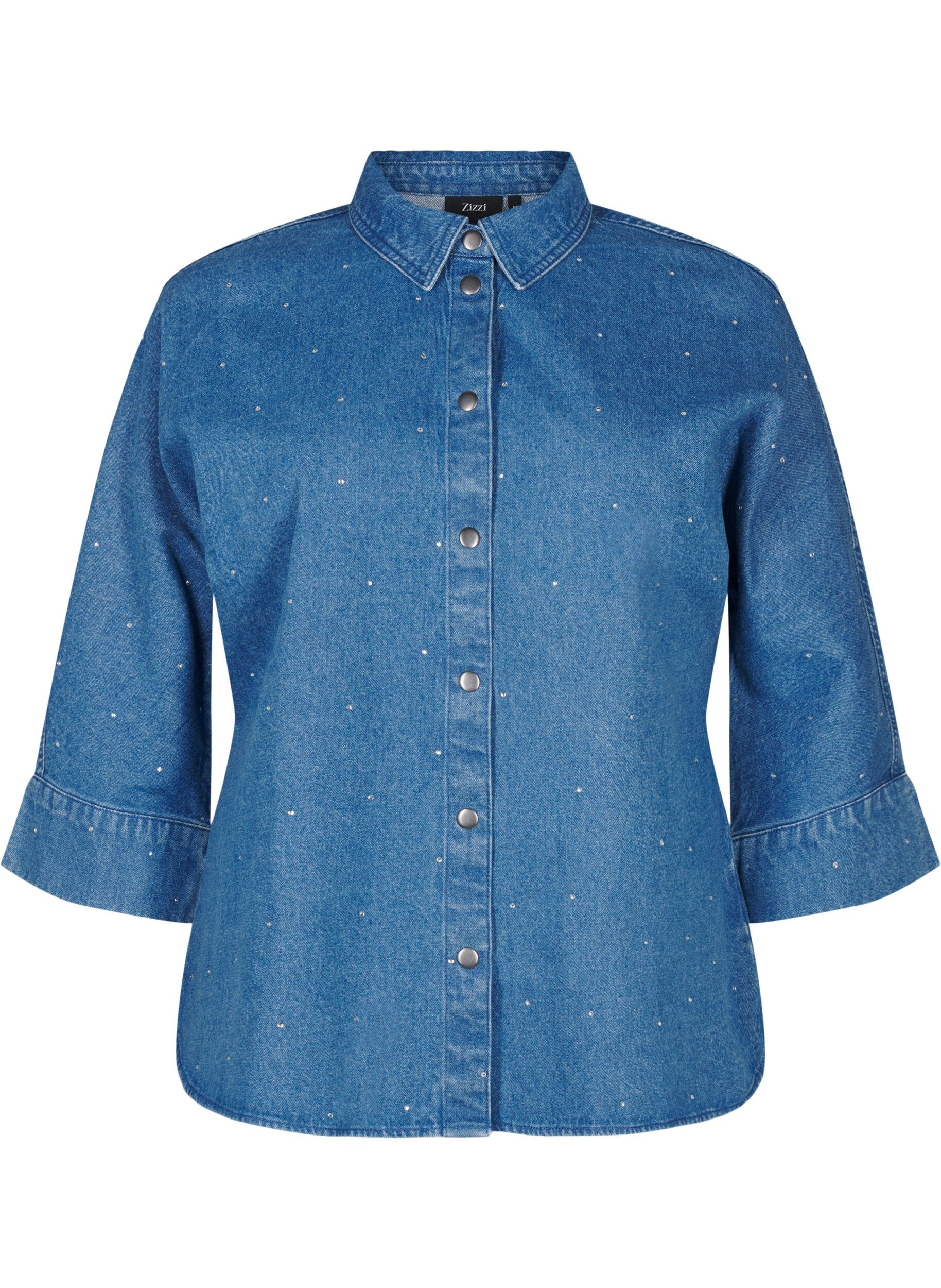 Zizzi Denimskjorte med rhinsten og 3/4 &aelig;rmer, Bl. Denim Rhinestone, Packshot image number 0