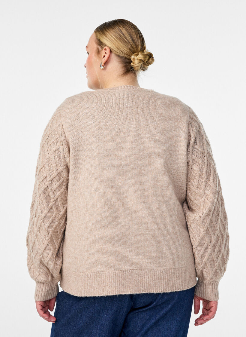 Strikcardigan med perleknapper og kabelmønster, Beige, Model image number 2