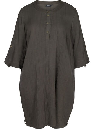Bomulds kjole med knapper og 3/4 ærmer, Khaki As sample, Packshot image number 0