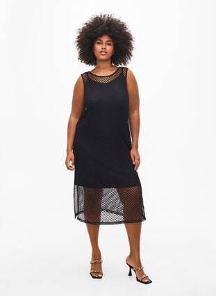Ærmeløs net kjole med slids, Black, Model image number 0
