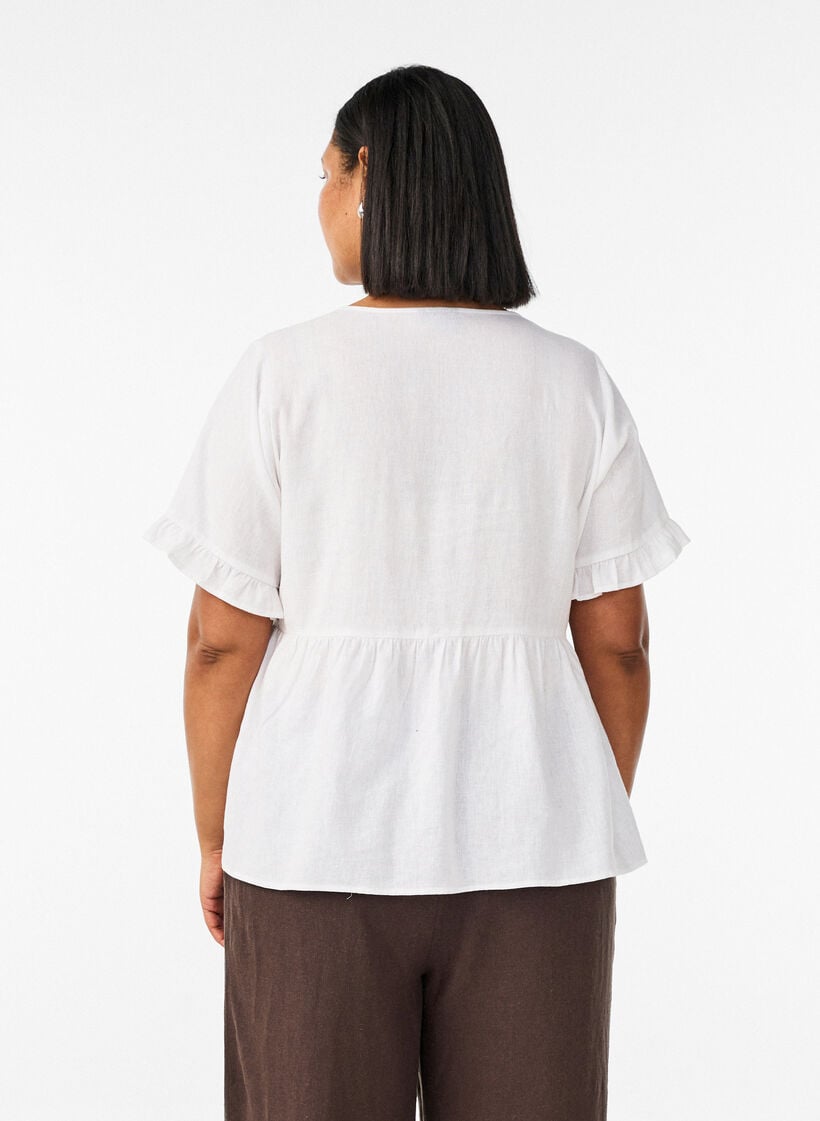 Bluse i h&oslash;r og viskose med V-udsk&aelig;ring og knaplukning, Hvid, Model image number 2