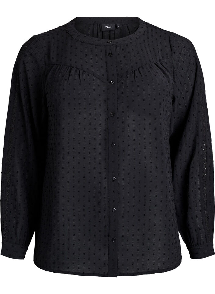 Skjortebluse med prikket struktur og broderidetaljer, Sort, Packshot image number 0