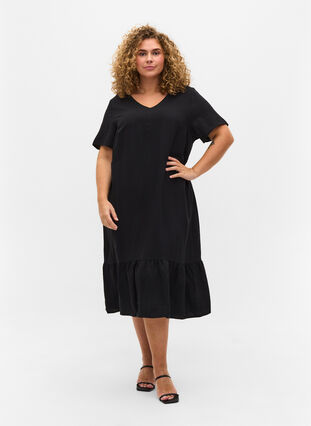 Kortærmet viskose kjole med v-udskæring, Black, Model image number 2