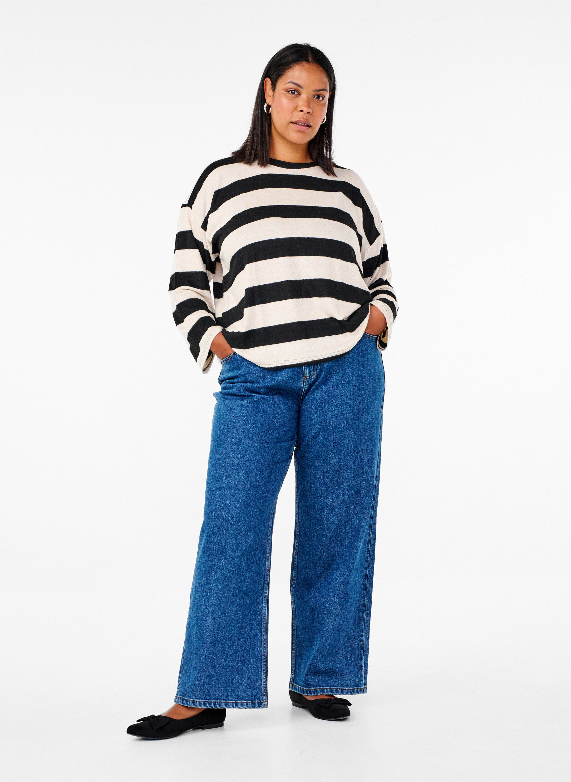 Zizzi Lang&aelig;rmet bluse med striber, Bl. Beige Mel.Stripe, Model image number 2