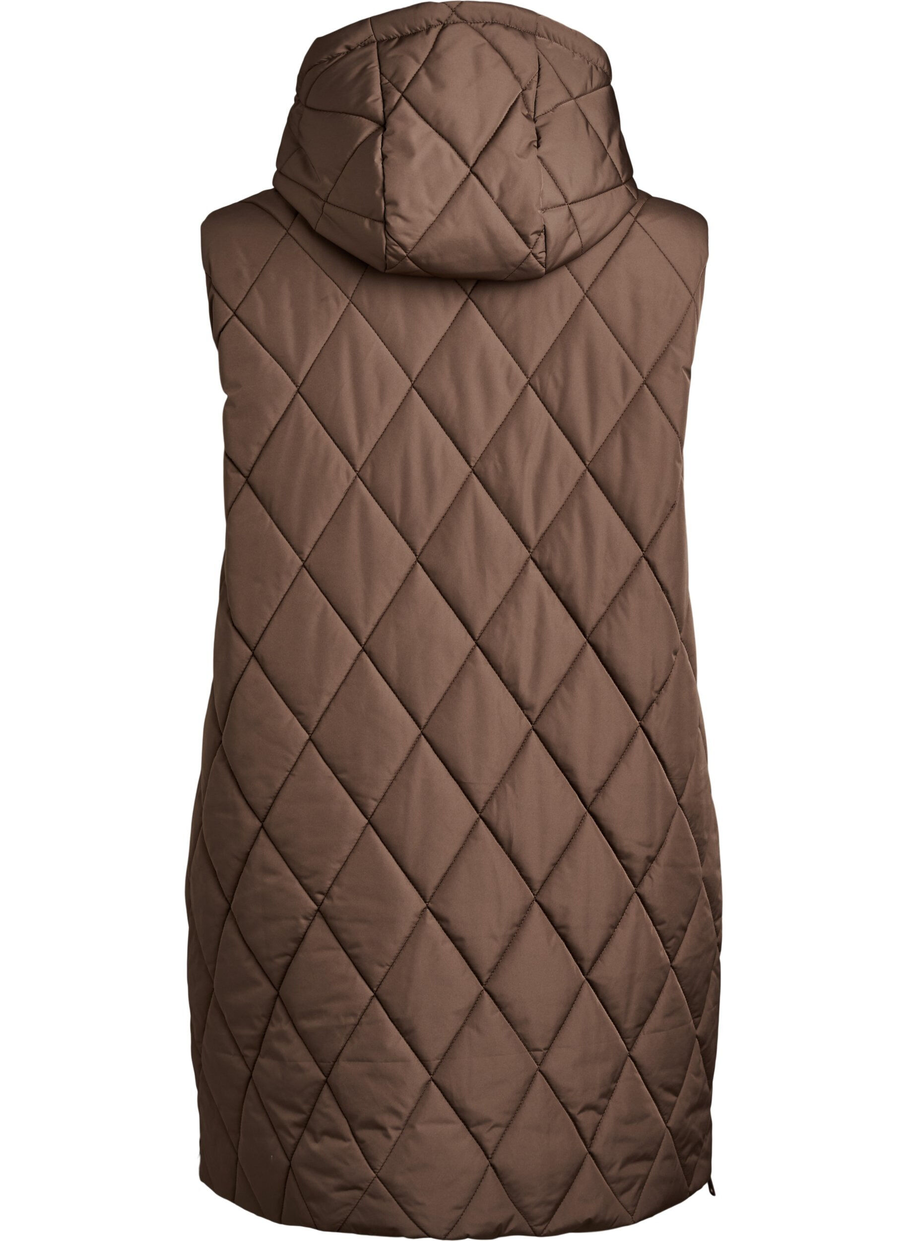 ZizziMellemlang quiltet vest med h&aelig;tte, Brun, Packshot image number 1
