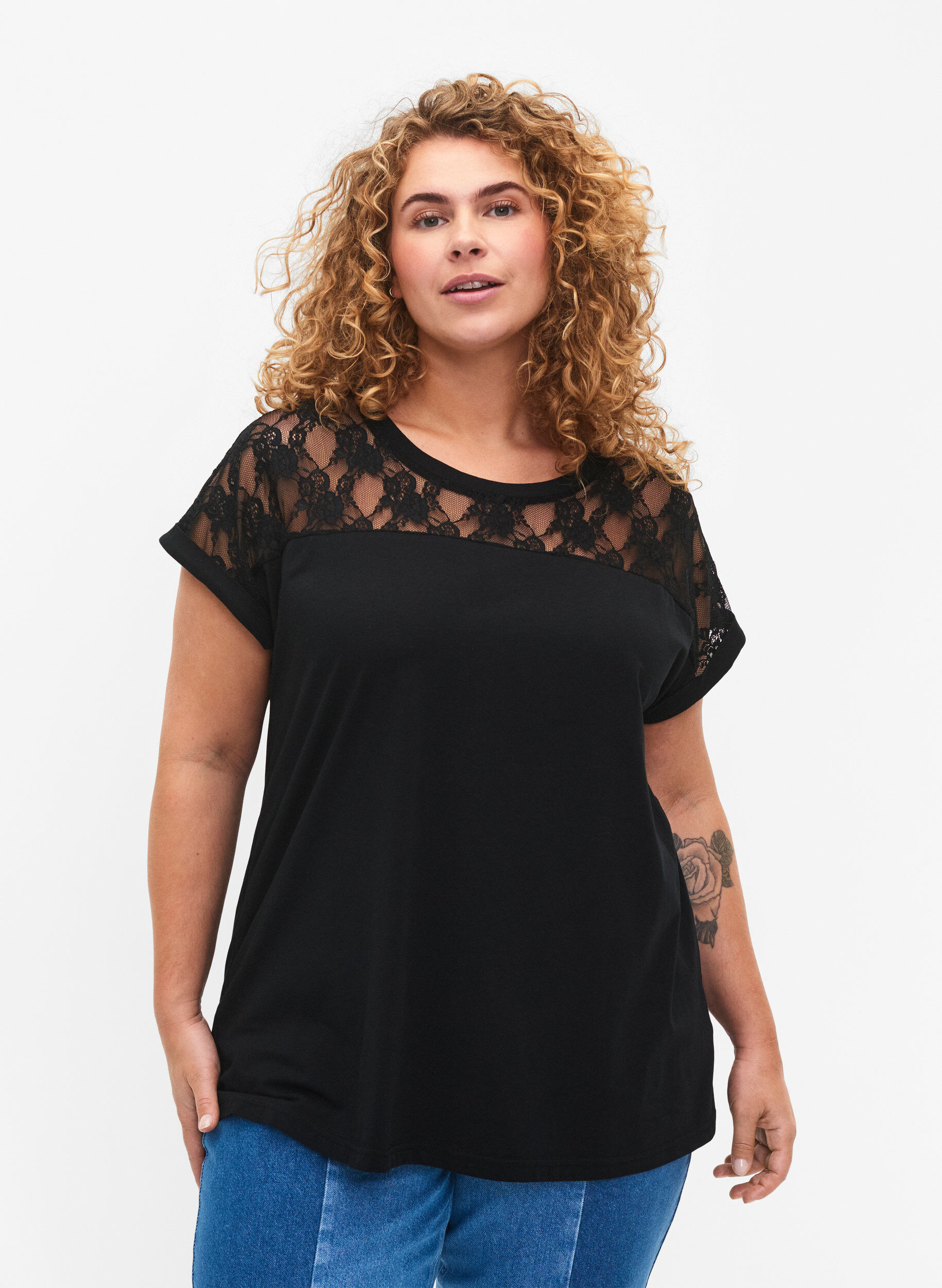 Zizzi Kort&aelig;rmet bomulds t-shirt med blonder, Black, Model image number 0