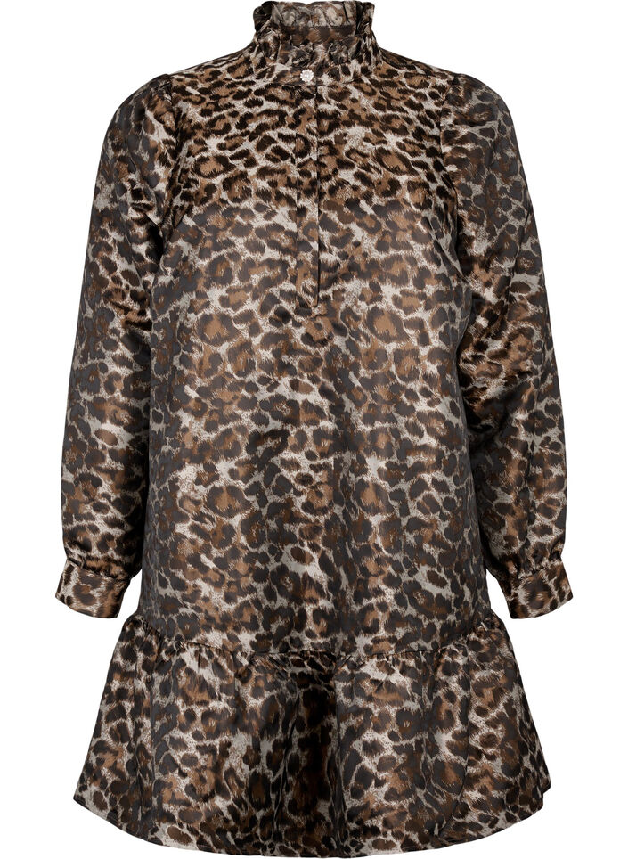 Kort jaquard kjole med leopardmønster, Brown Leo AOP, Packshot image number 0