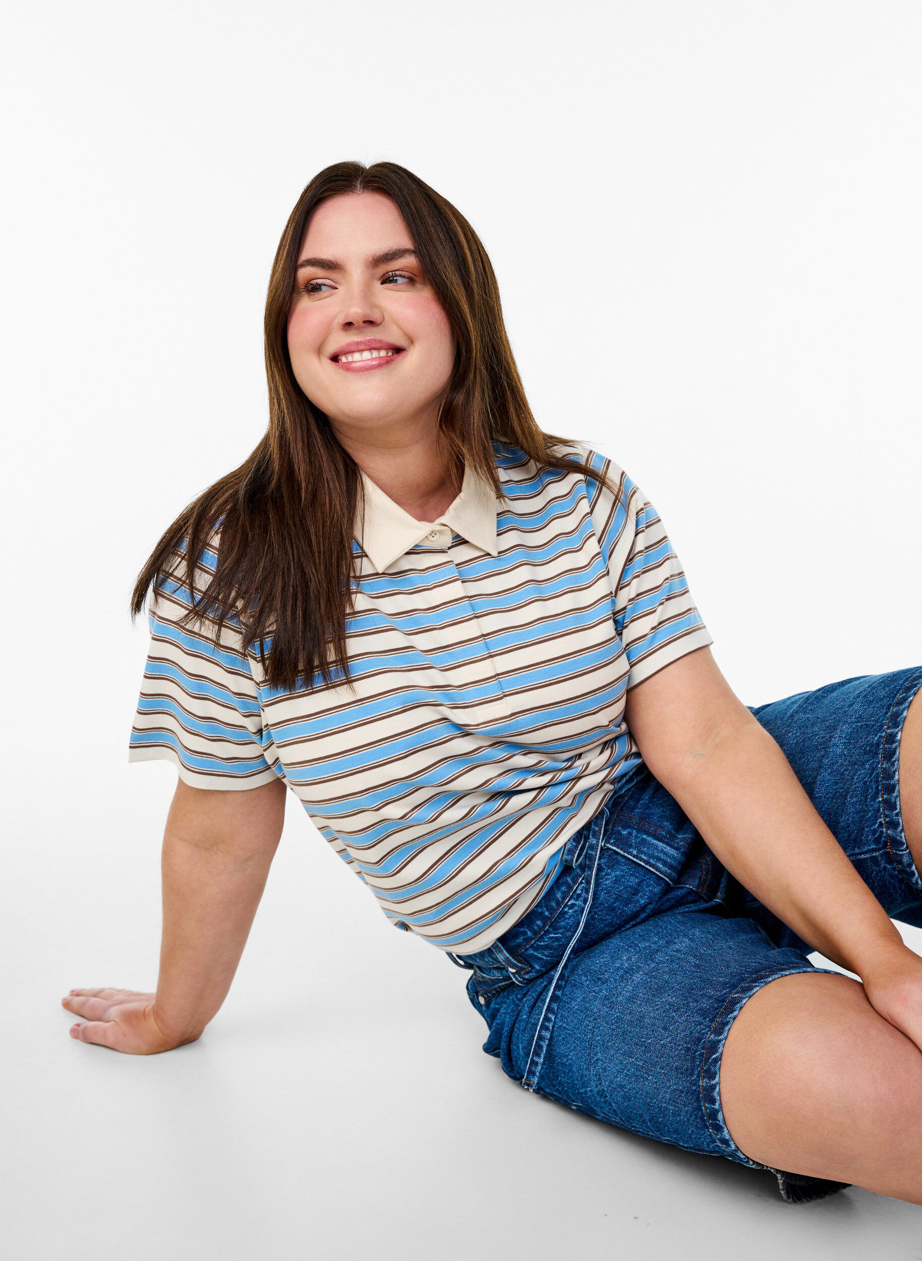 Zizzi Stribet poloshirt med korte &aelig;rmer, Bl&aring;, Image image number 0