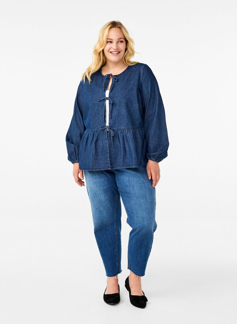 Peplum bluse i denim med bindelukning, Blå, Model image number 1