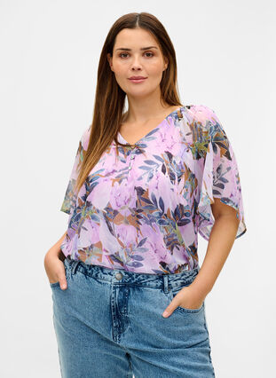 Printet bluse med korte ærmer, Orchid Bouquet AOP, Model image number 0