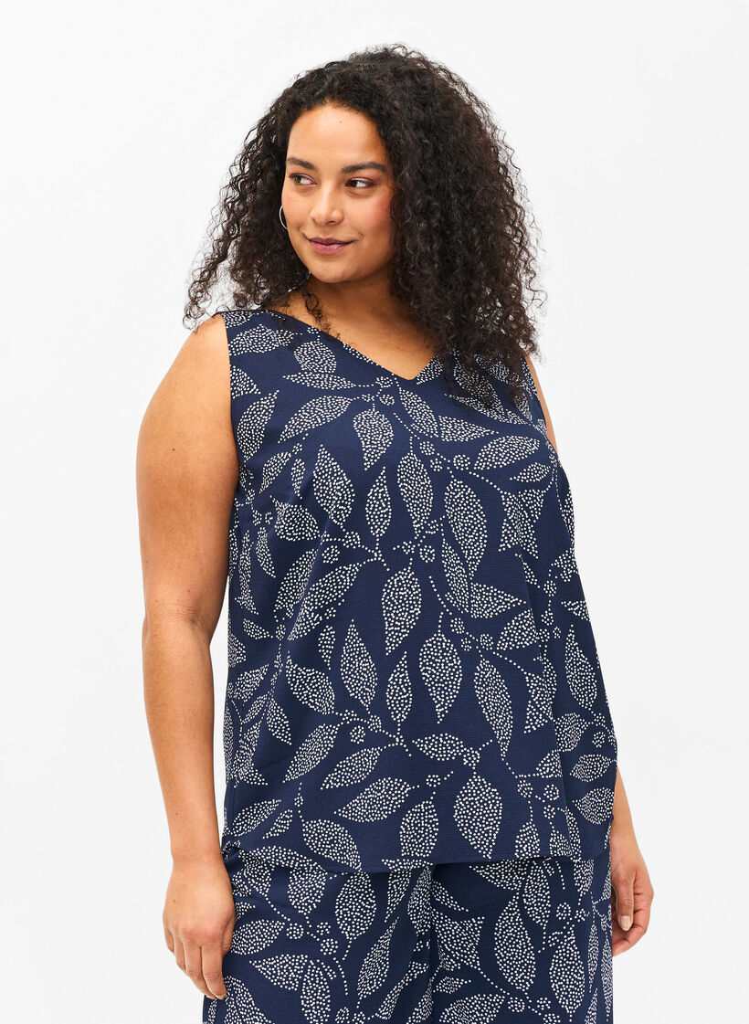 Printet top med v-hals , Navy B. w. Dot Leaf, Model image number 0