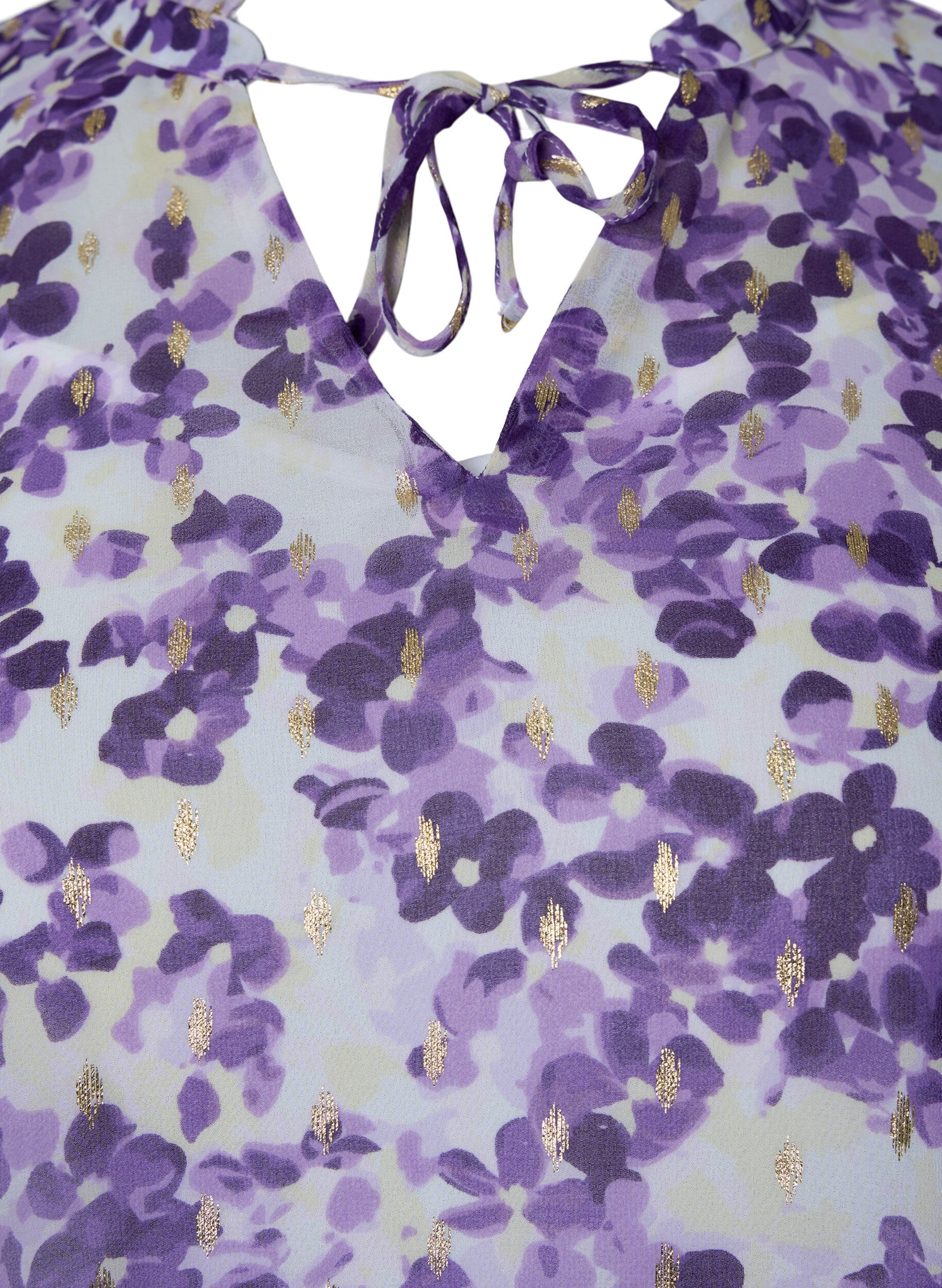 Zizzi Tunika med blomsterprint og lurex, Beige/Purple Flower, Packshot image number 2