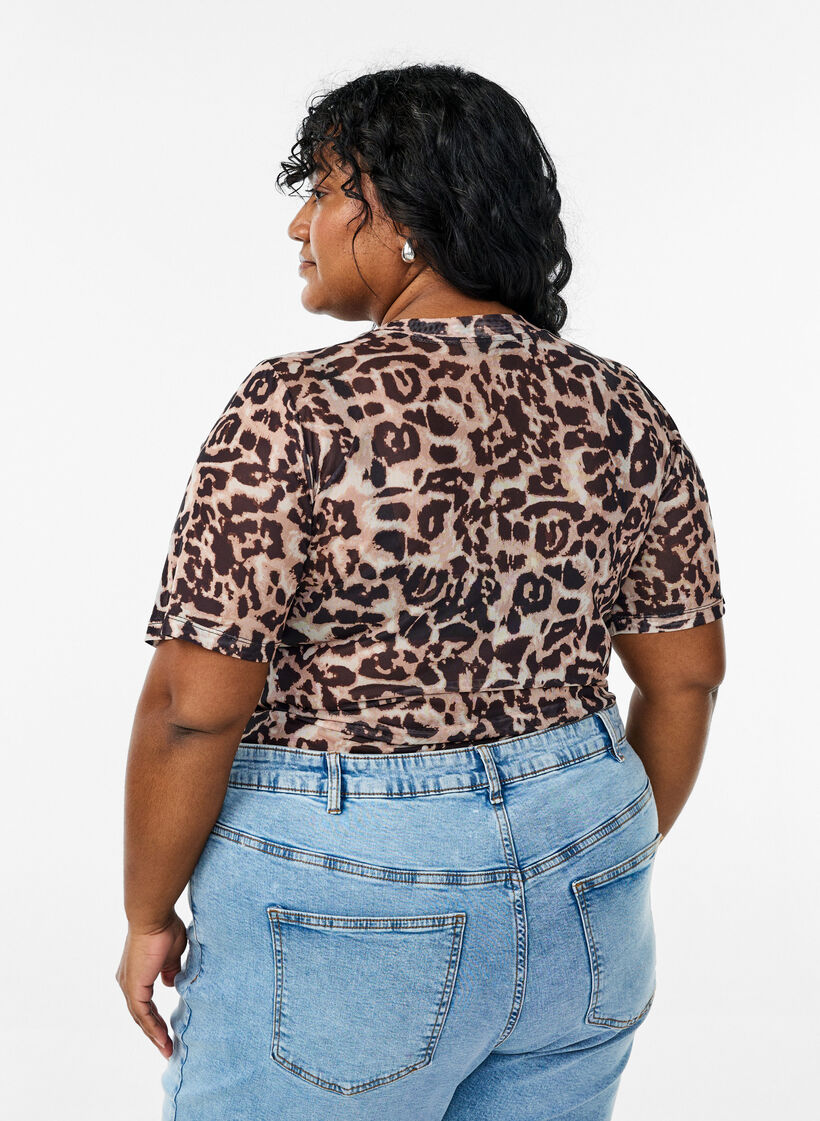 Meshbluse med korte ærmer, Brun, Model image number 2