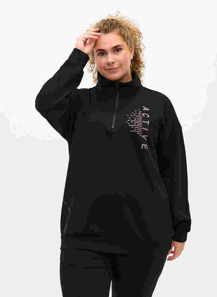 Højhalset sweatshirt med lynlås, Black, Model image number 0