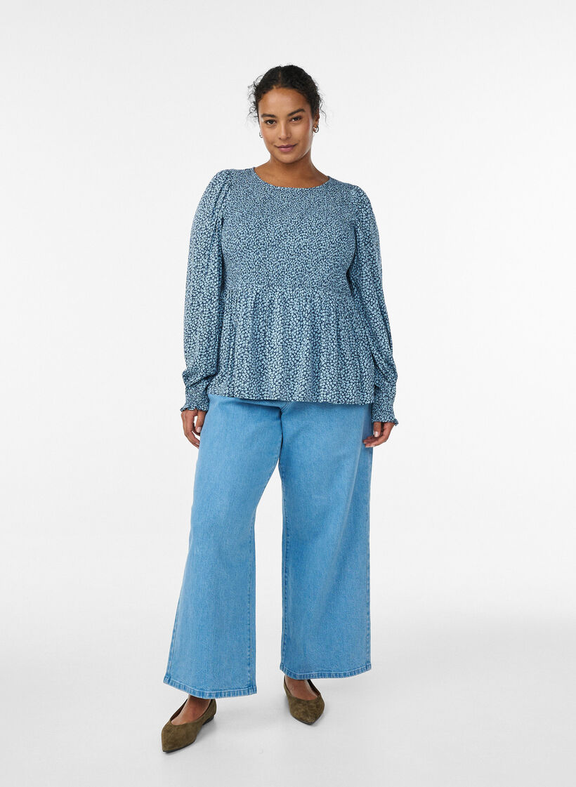 Bluse med smockoverdel og blomsterprint, Bl&aring;, Model image number 1