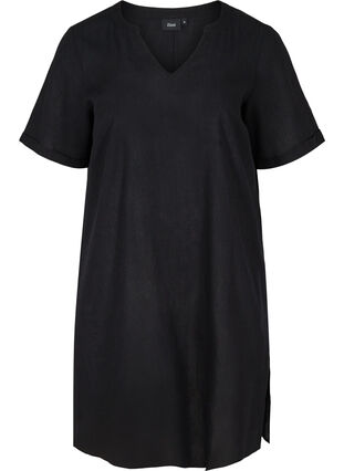 Kortærmet kjole i bomuldsmix med hør, Black, Packshot image number 0