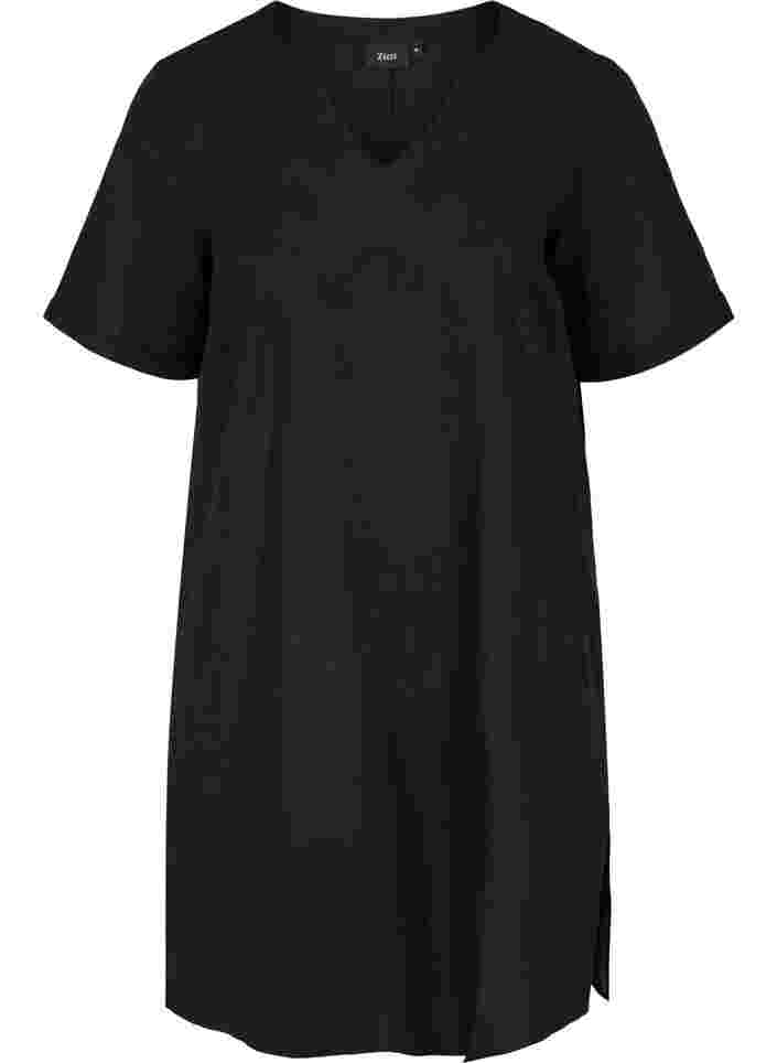 Kortærmet kjole i bomuldsmix med hør, Black, Packshot image number 0