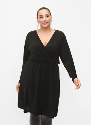 Glitterkjole med wraplook og lange ærmer, Black Black, Model image number 0