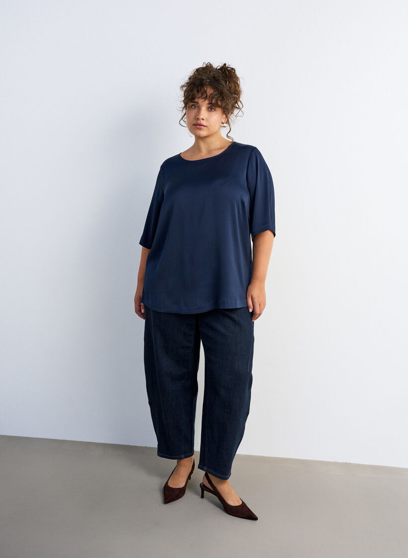 Satinbluse med albuelange &aelig;rmer, Bl&aring;, Model image number 1