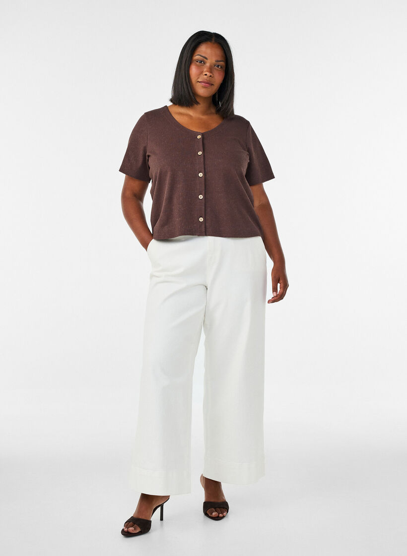 Bluse i bomuld med struktur og knaplukning, Brun, Model image number 1